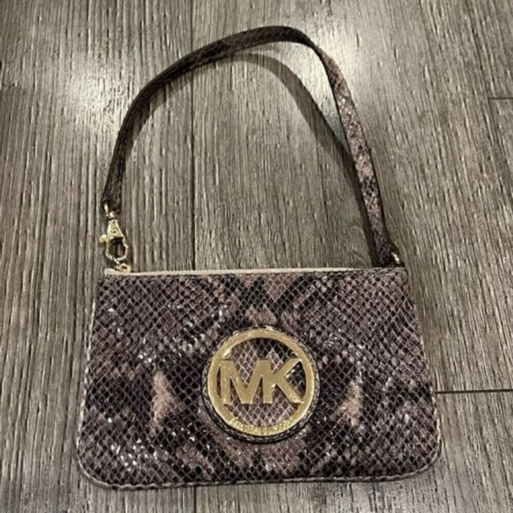 Vintage Y2K Michael Kors Snakeskin Print Wristlet with Gold Hardware